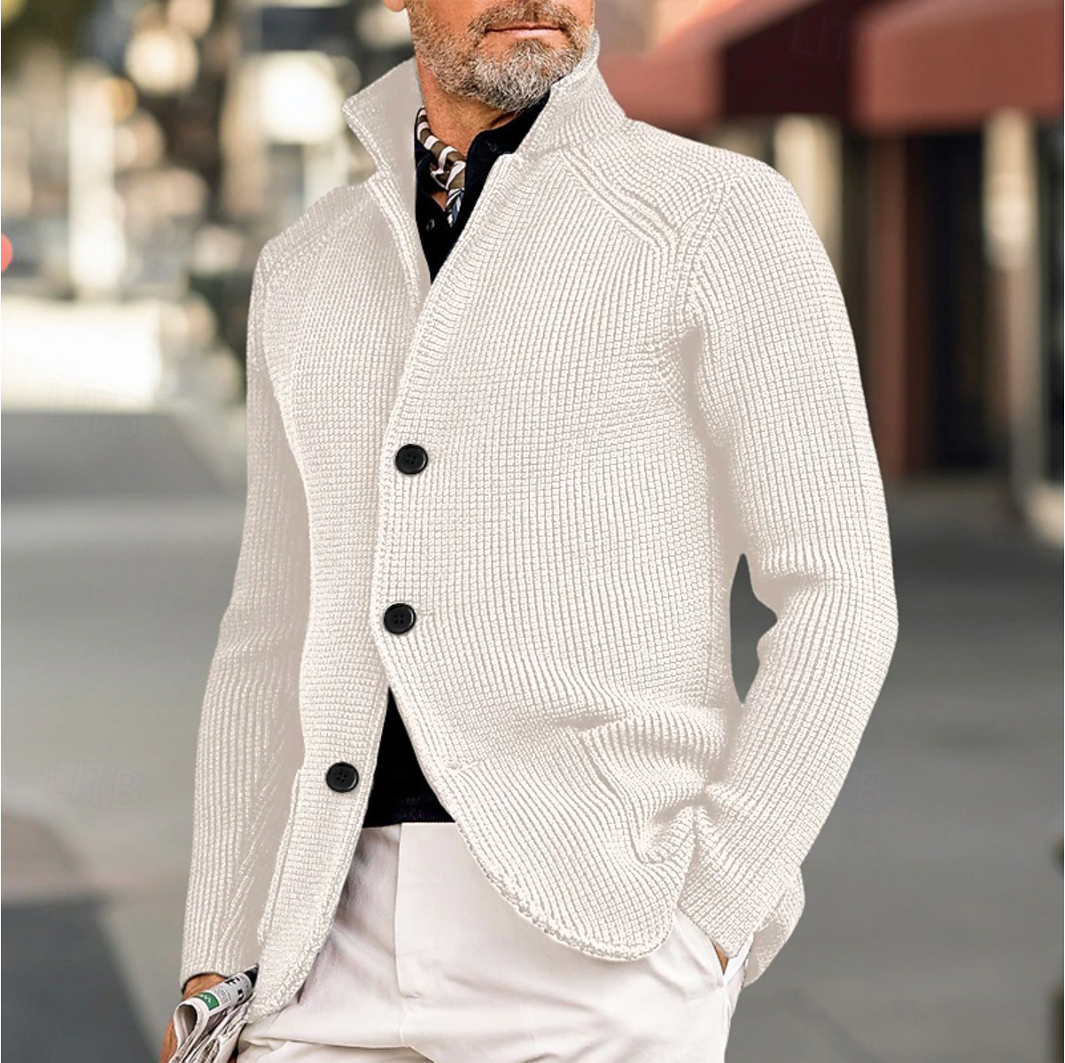 Mäns Cardigan med Ribbad Textur och Hög Krage 6