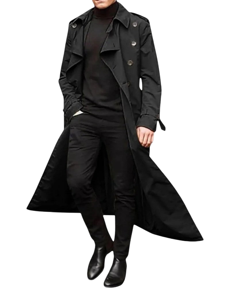 Mäns Lång Trenchcoat Dubbelknäppt Klassisk Stil 0