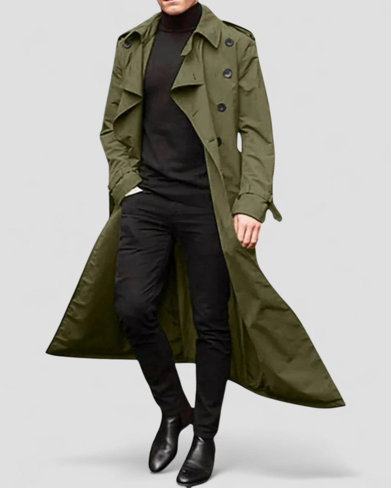 Mäns Lång Trenchcoat Dubbelknäppt Klassisk Stil 1