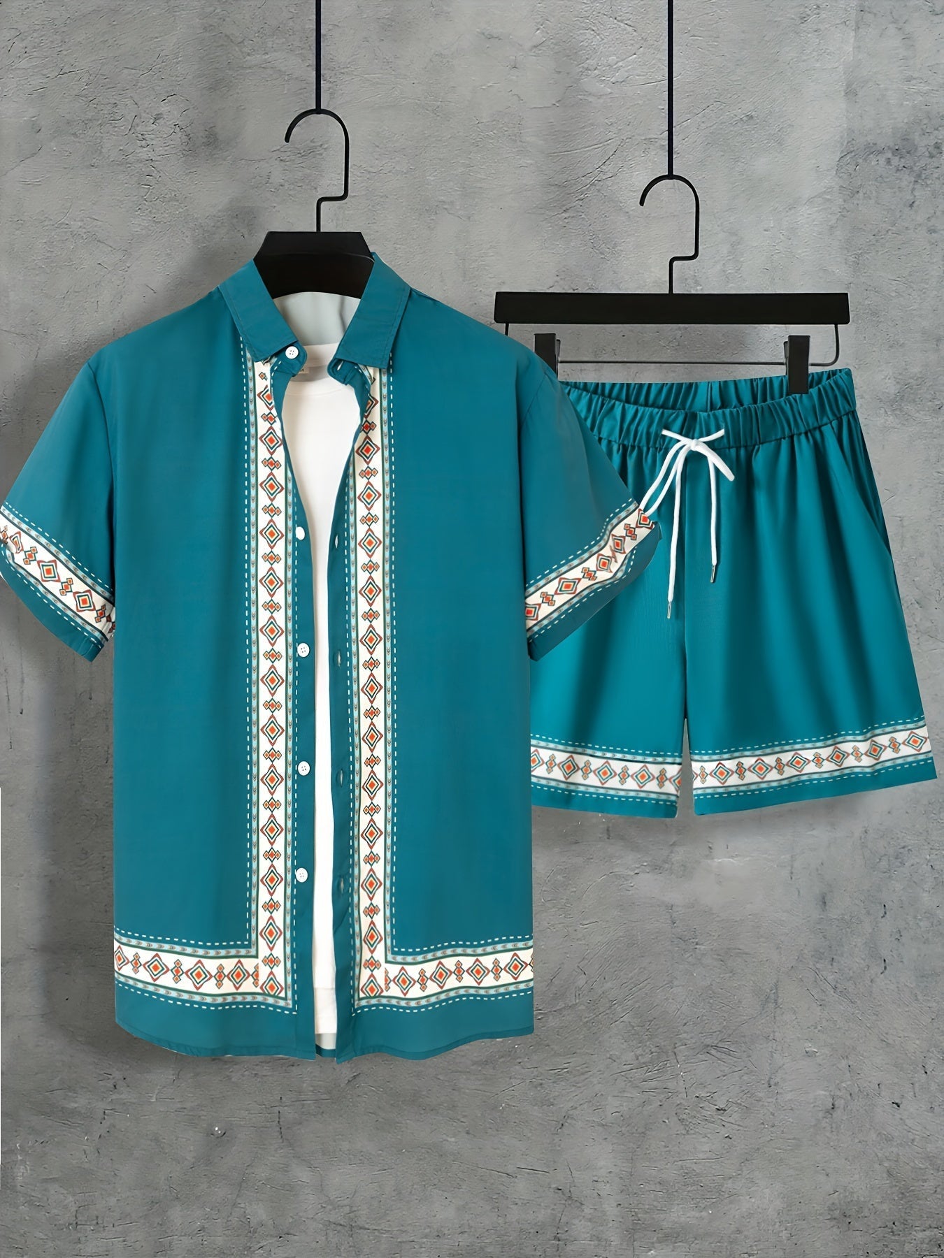 Mäns Tvådelat Set Boho Stil Kortärmad Skjorta och Shorts 4