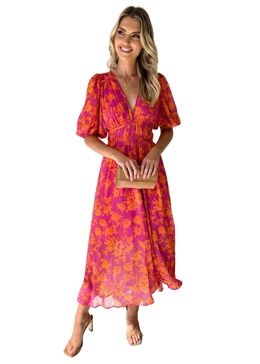 Maxiklänning Dam Blommönster med Puffärmar V-Ringning för Sommar 0