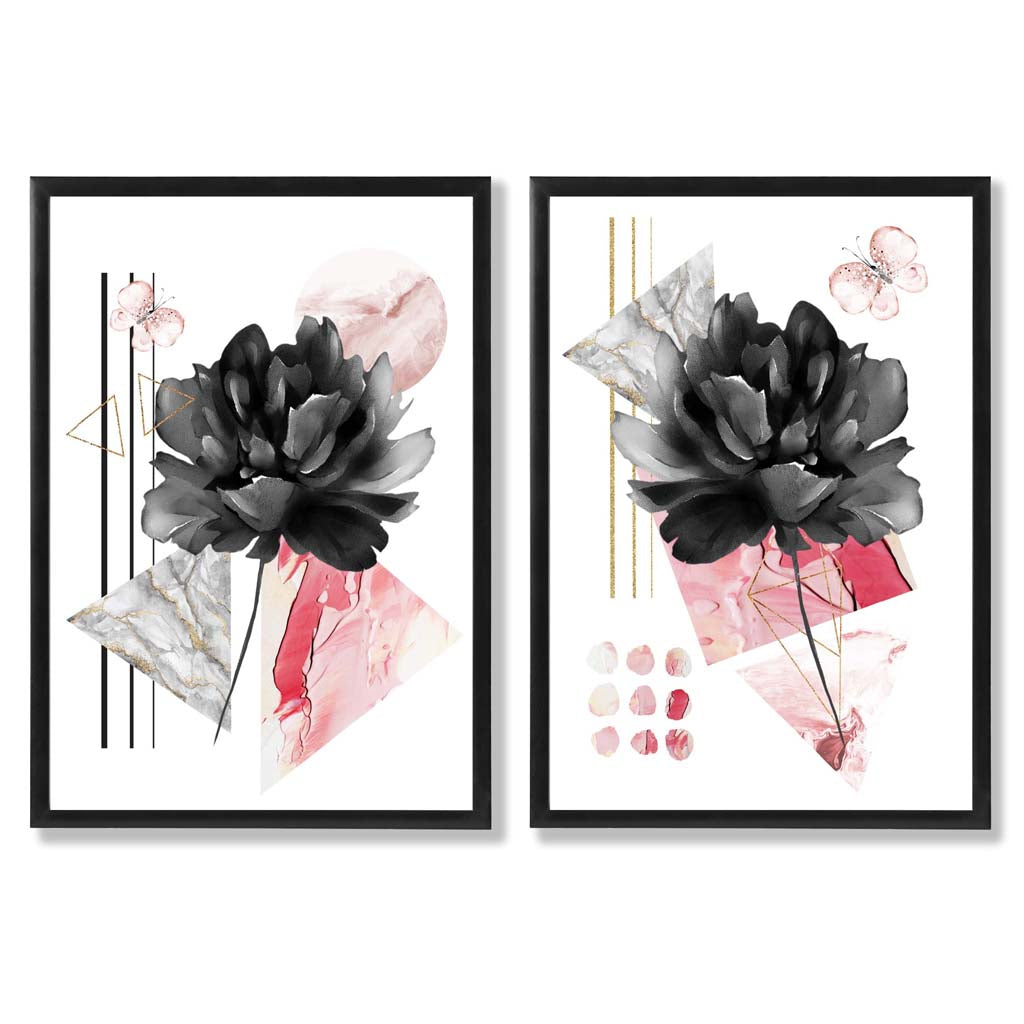 Moderna Konsttryck med Blommotiv i Svart och Rosa - Set om 2 0