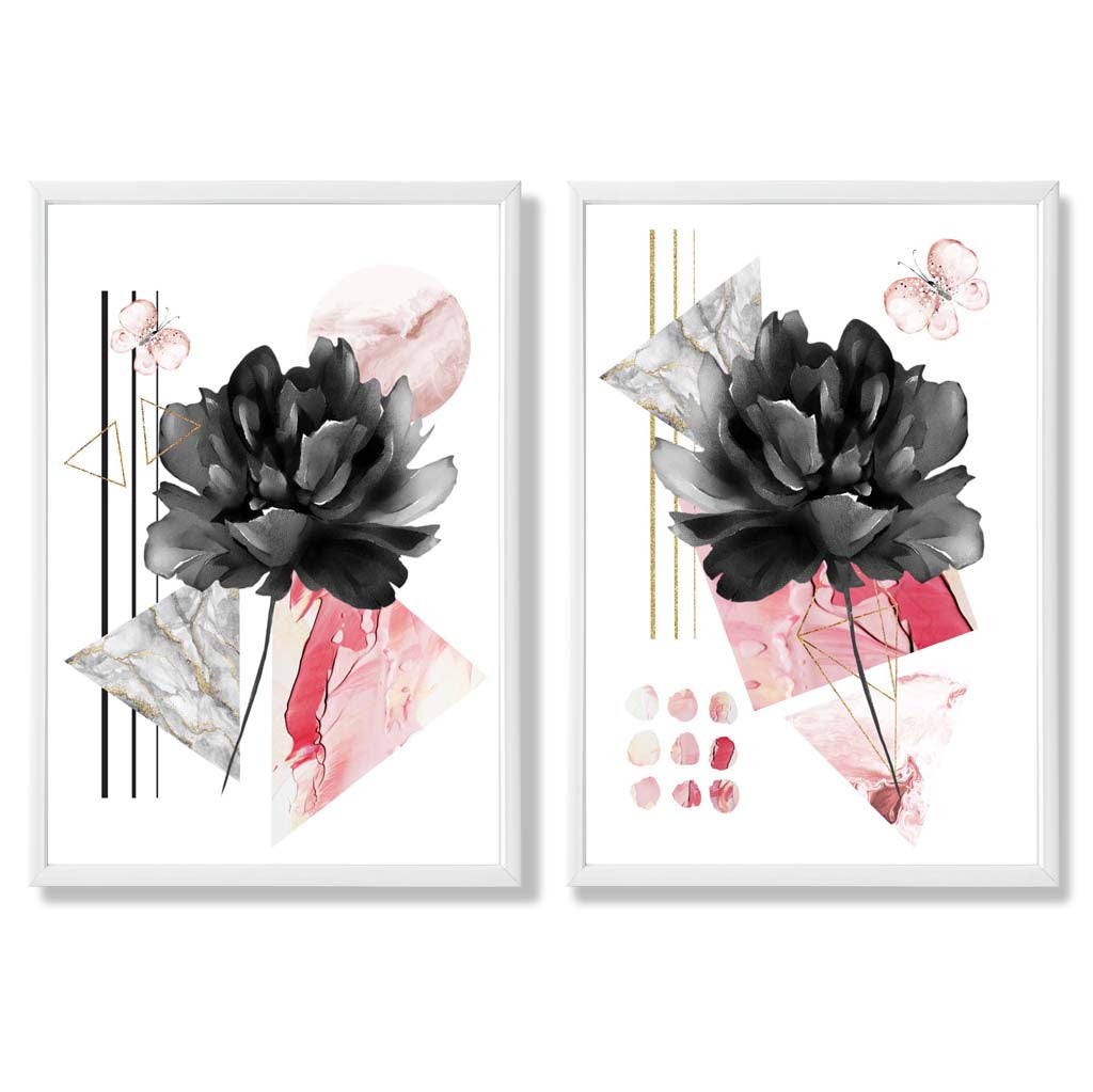 Moderna Konsttryck med Blommotiv i Svart och Rosa - Set om 2 3