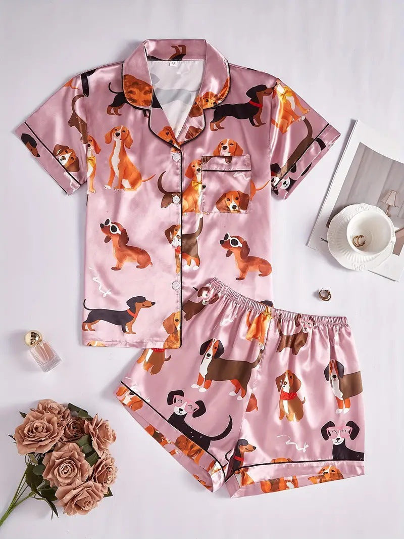 Damer Satin Pyjamas Set med Hundmotiv Klassisk Design