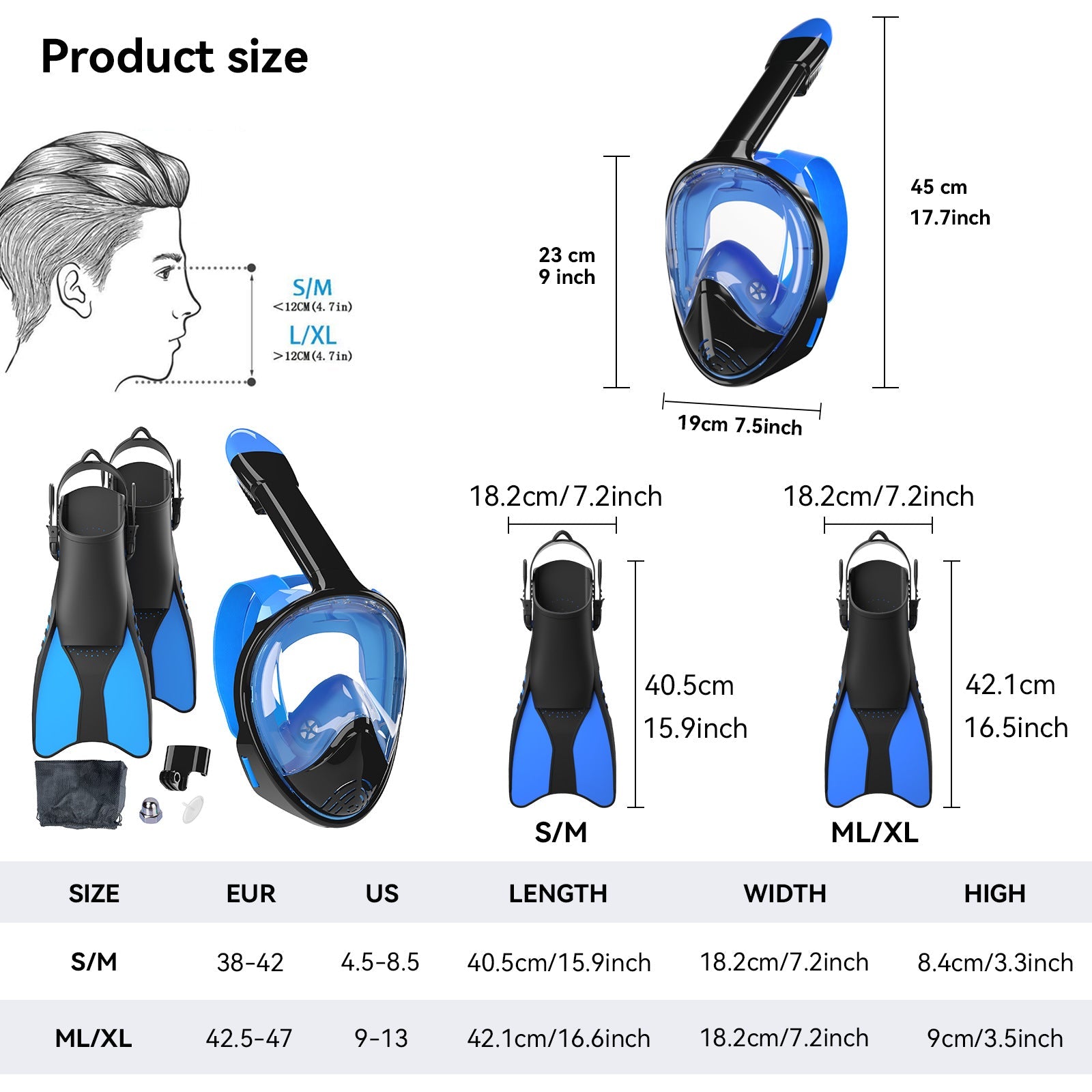 Snorkelset med helmask och fenor för vuxna 2