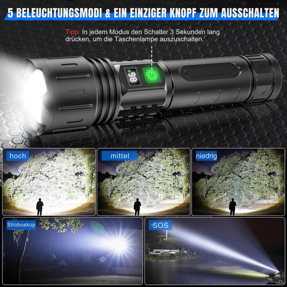 Starkaste Ficklampa 100 000 Lumen Med Fem Ljuslägen För Camping Och Utomhusaktiviteter 3