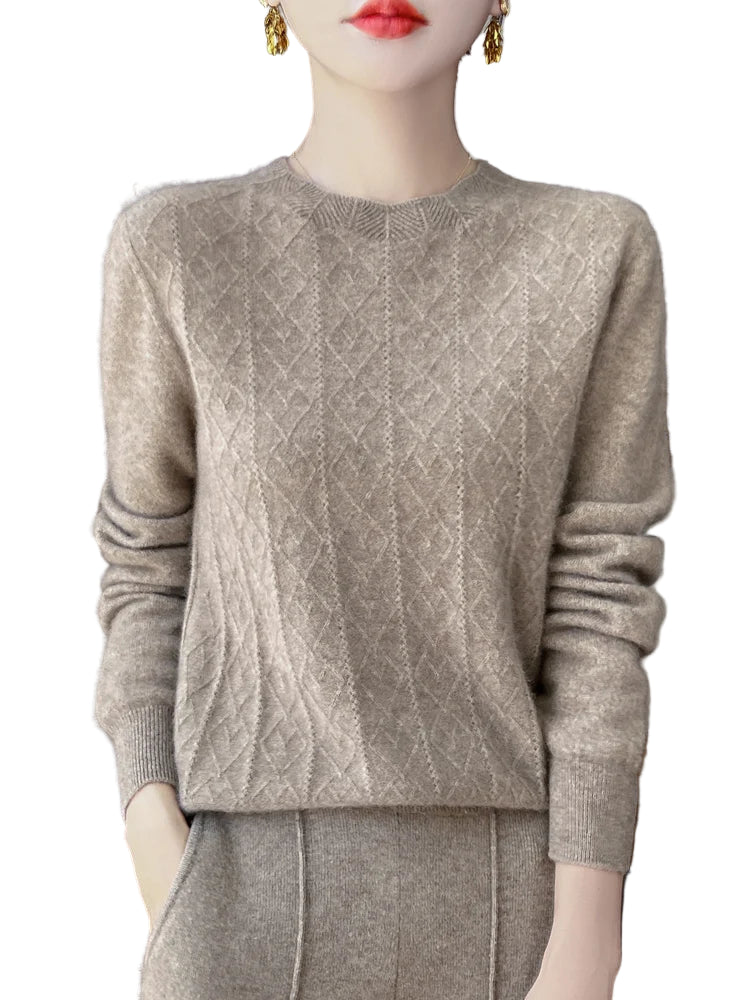 Stickad Dam Tröja O-hals Merinoull Långärmad Pullover 0