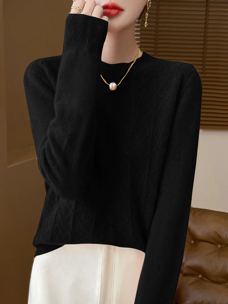 Stickad Dam Tröja O-hals Merinoull Långärmad Pullover 8