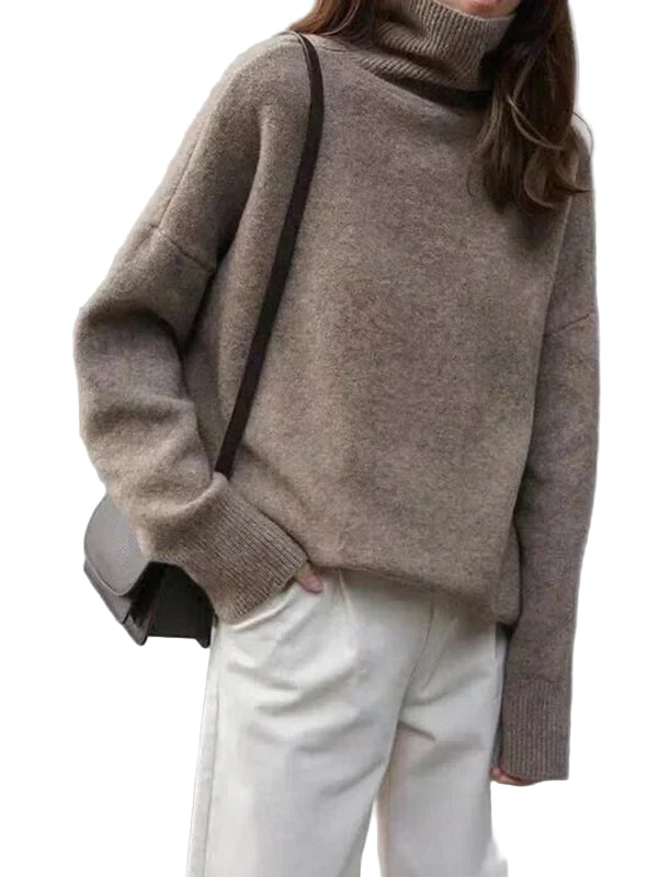 Stickad Dam Tröja Turtleneck i Ullblandning med Avslappnad Passform 0