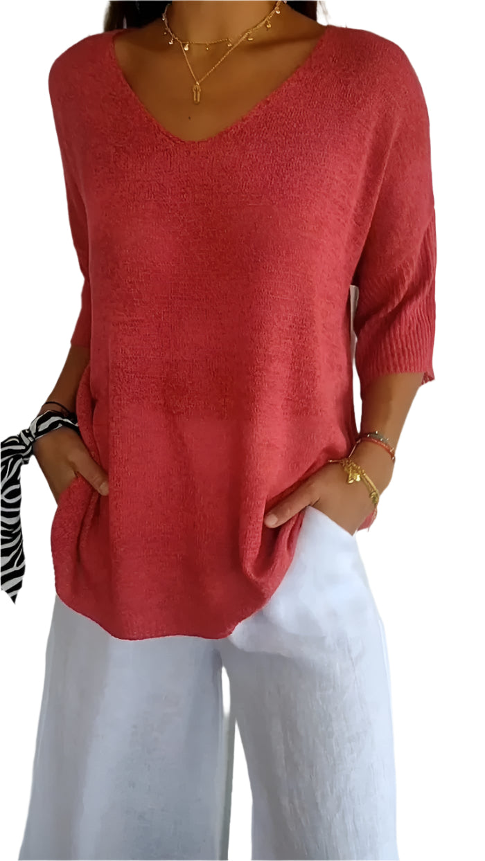 Stickad Dam Tröja V-Ausschnitt Mjuk och Ventilerande Design 0
