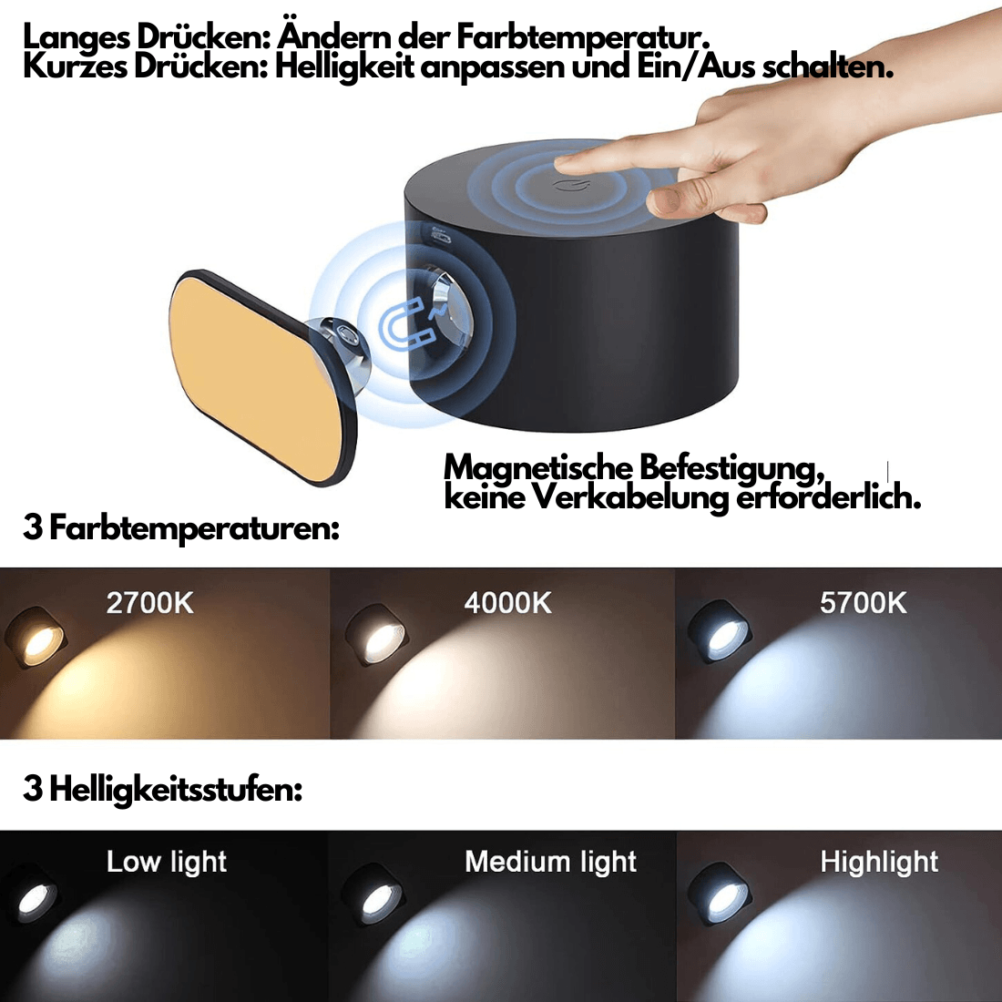 Trådlös LED-vägglampa Justerbar 360° 6