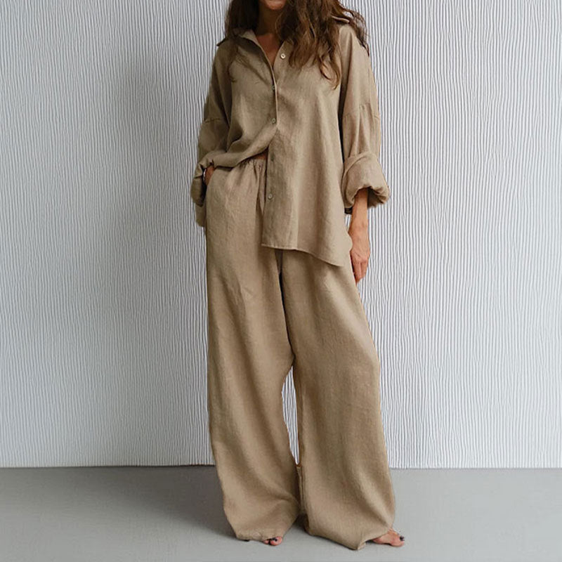 Tvådelat Set Dam Oversized Button-Down Skjorta och Vida Byxor Linneblandning 2