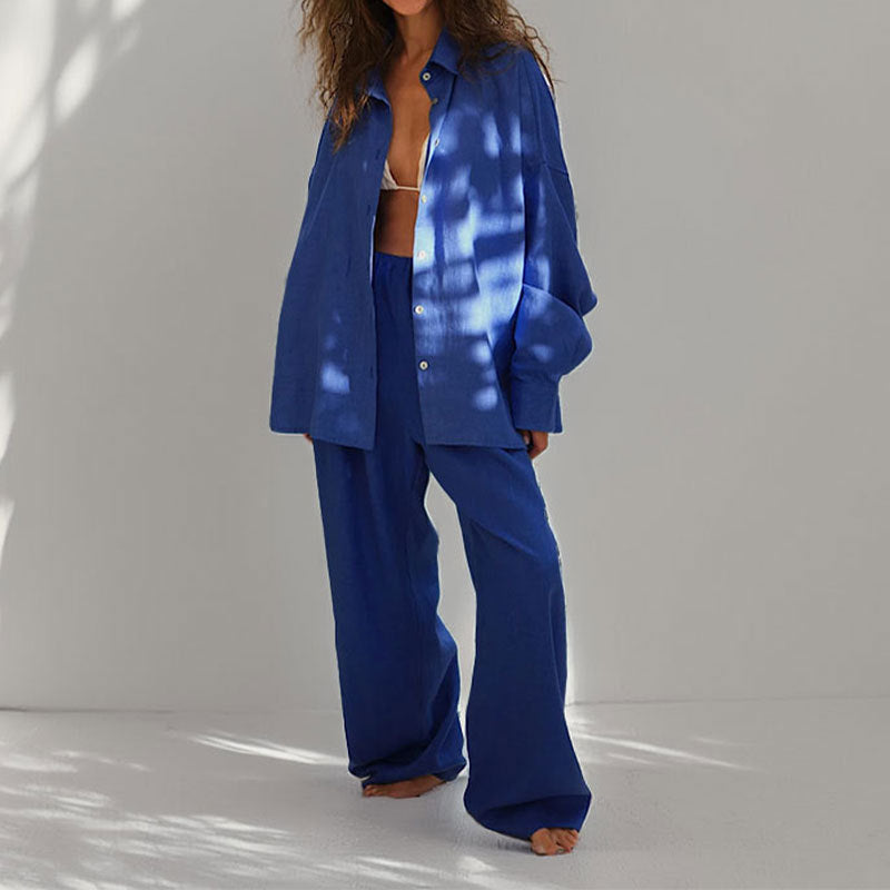 Tvådelat Set Dam Oversized Button-Down Skjorta och Vida Byxor Linneblandning 3