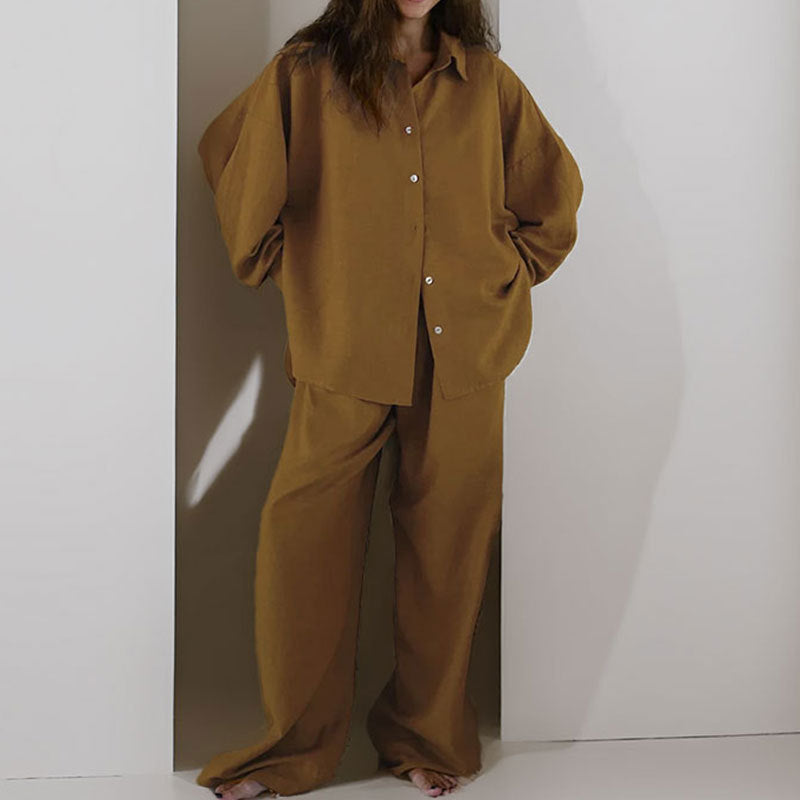 Tvådelat Set Dam Oversized Button-Down Skjorta och Vida Byxor Linneblandning 4