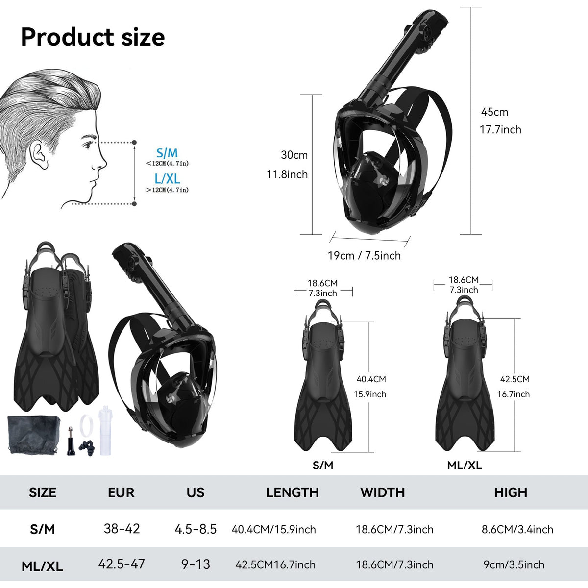 Unisex Snorkelset med Helmask och Flexibla Fenor 2