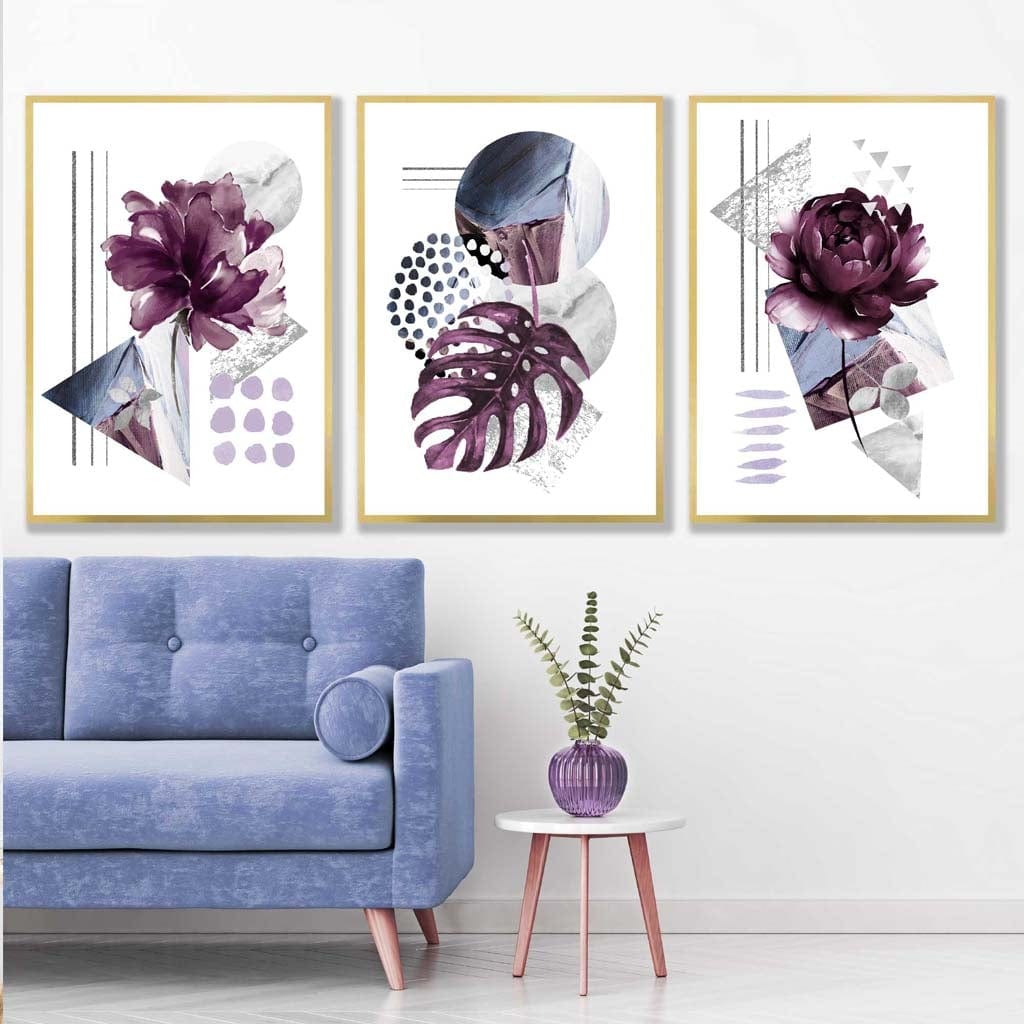 Väggkonstset med Blommönster i Lila och Grått 4