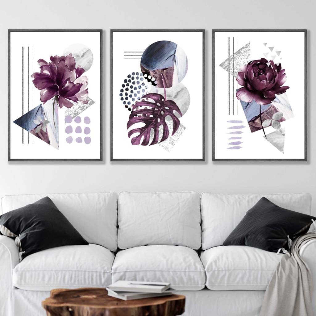 Väggkonstset med Blommönster i Lila och Grått 7
