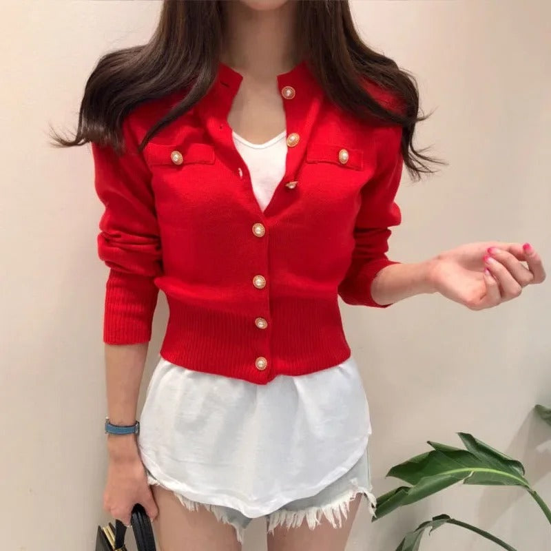 Enkelknäppt stickad cardigan för kvinnor