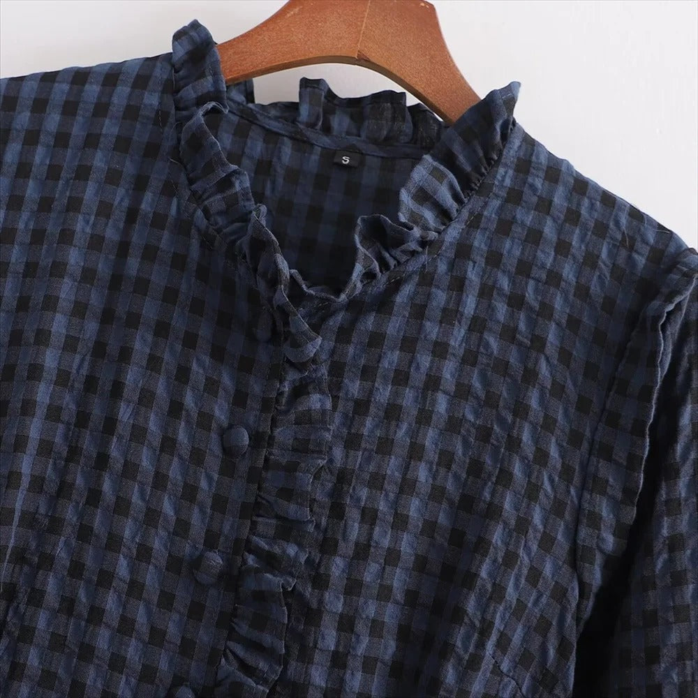 Bubbelärmad rutig jumpsuit för kvinnor