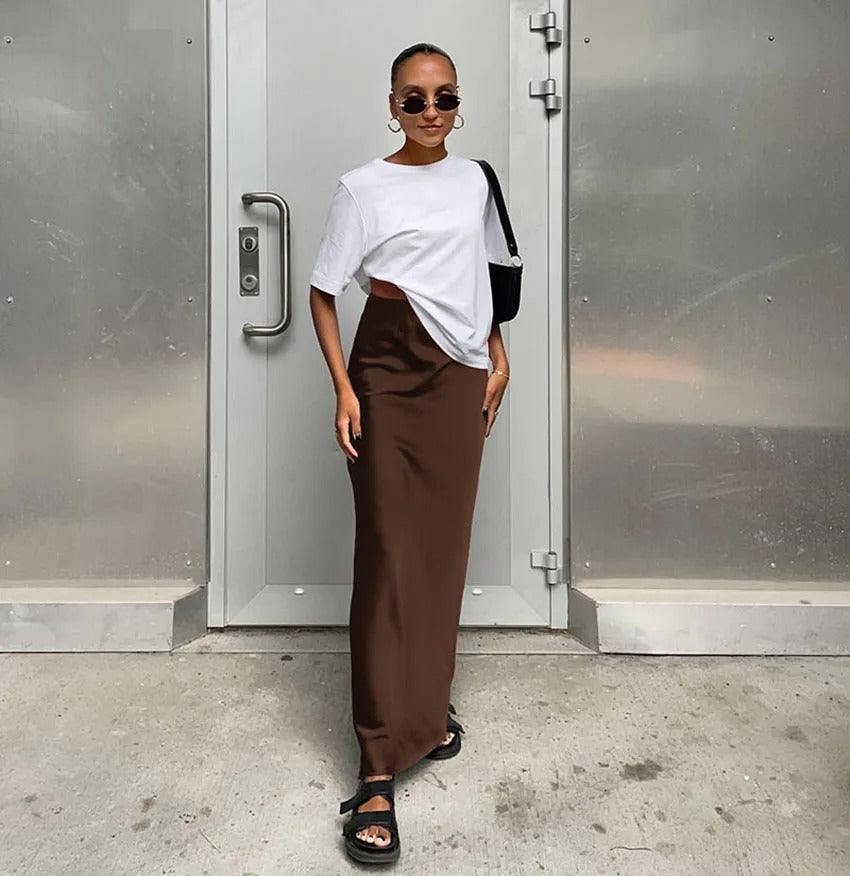 Satinkjol med hög midja för kvinnor