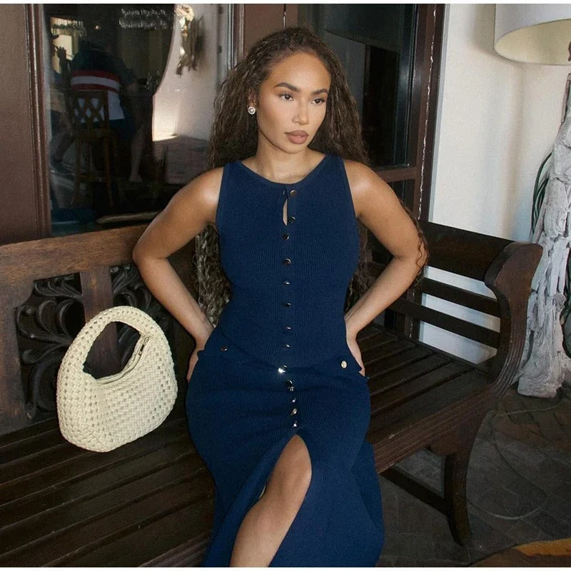 Stickad ärmlös Knäppning Bodycon Klänning för kvinnor