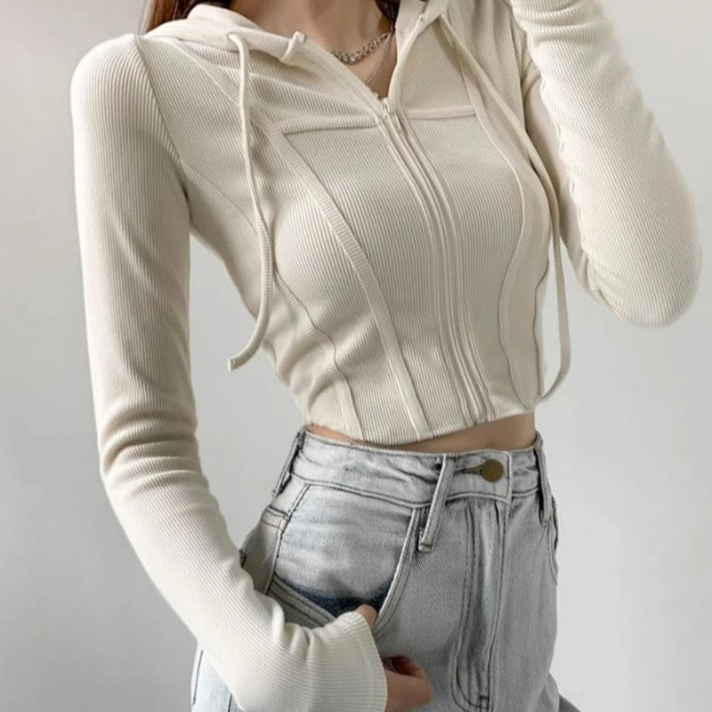 Zip Up Crop Fitted Hoodie för kvinnor