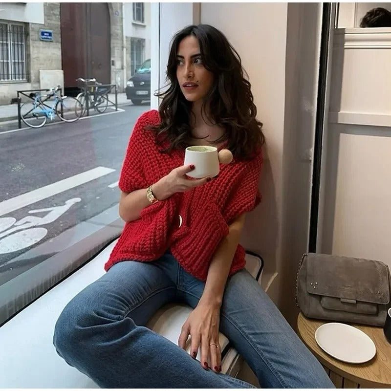 Stickad cardigan för damer med metallknappar