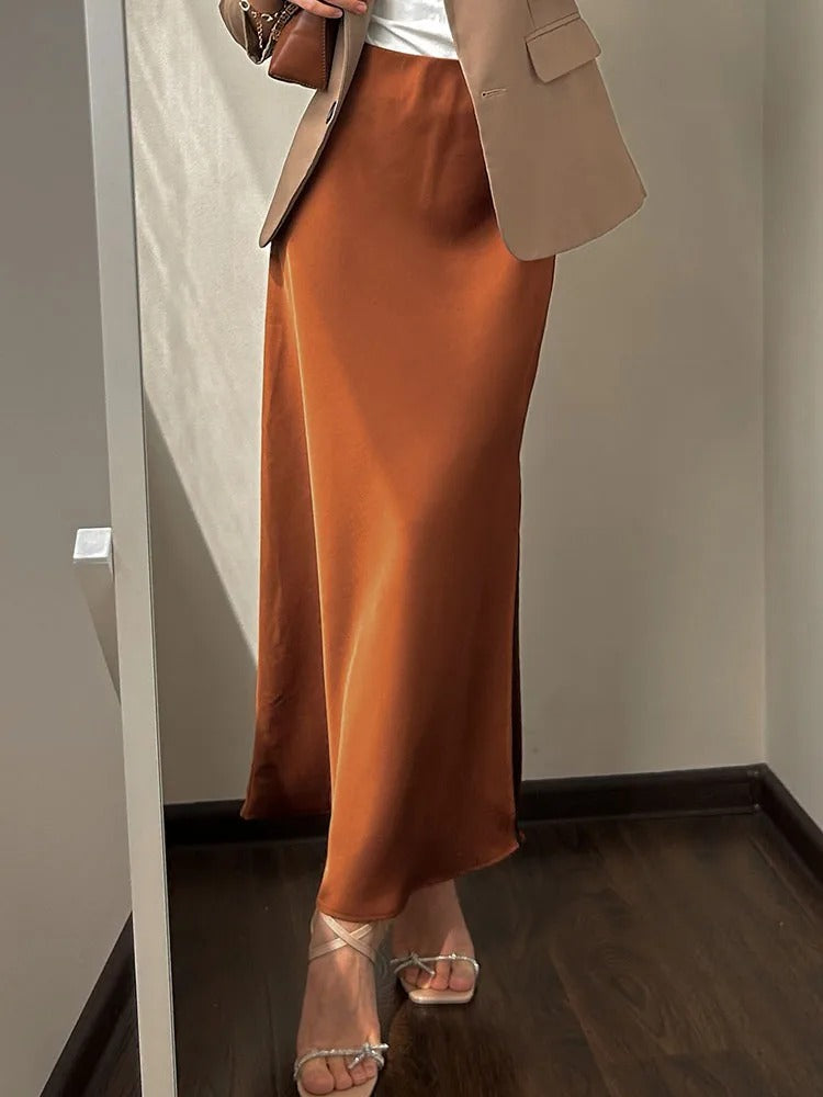 Dam Svart Split Satin Kjol