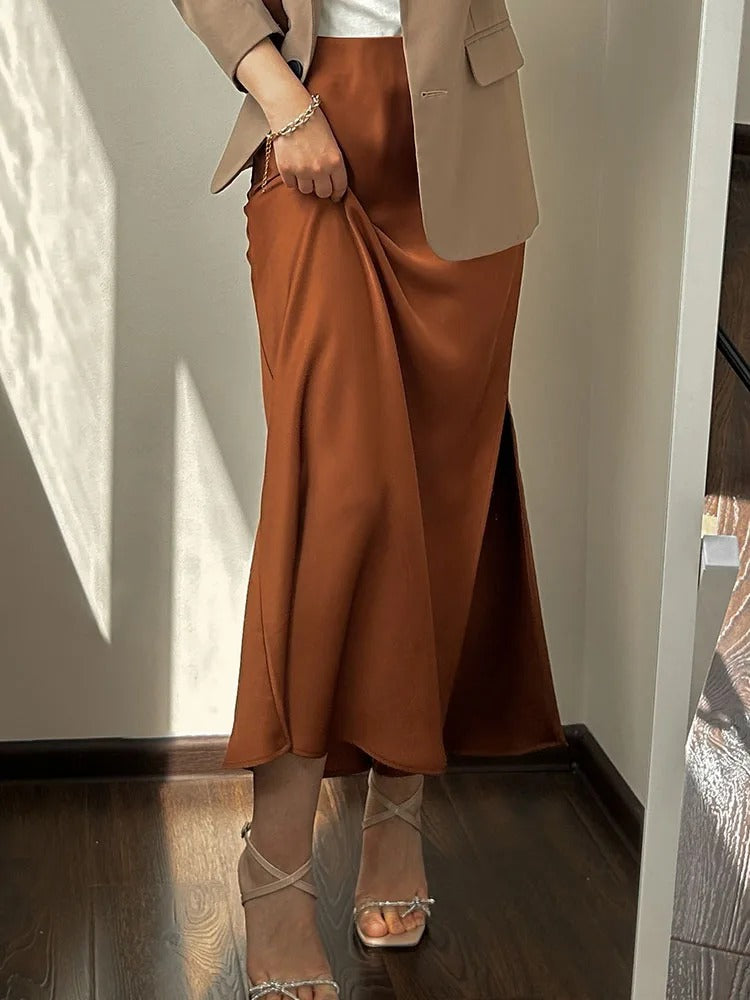 Dam Svart Split Satin Kjol