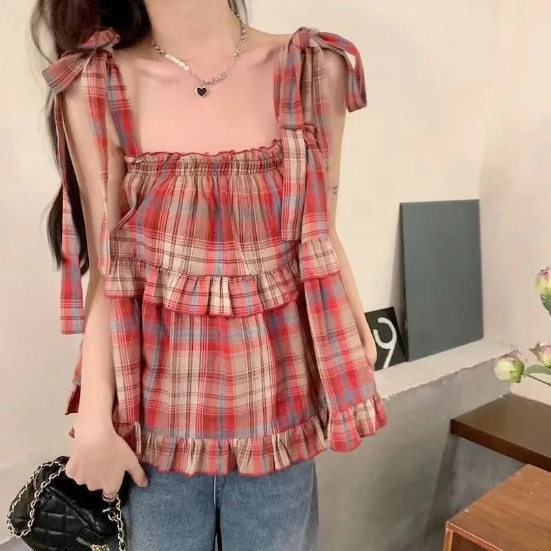 Ärmlöst Crop linne med rutigt snörning för kvinnor