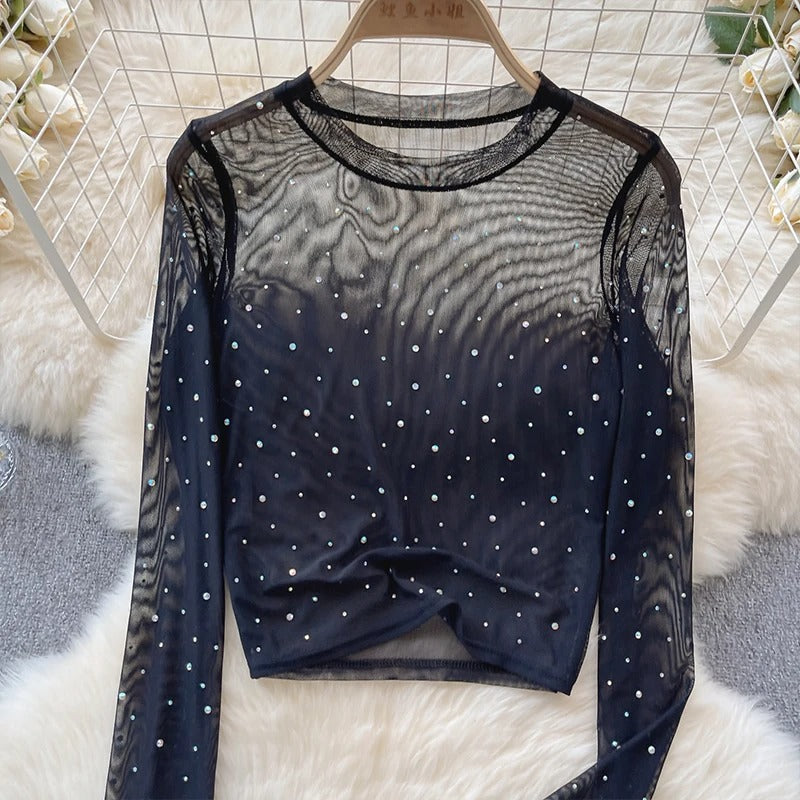 Rhinestone Mesh Långärmad Crop Top för kvinnor