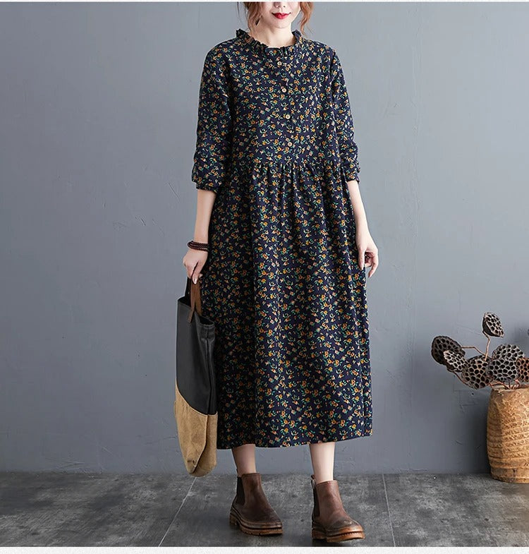 Vintage blommig volangklänning för kvinnor