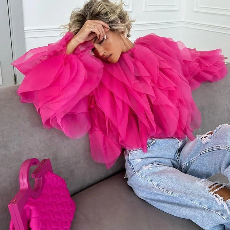 O-Neck Ruffle Shirt för kvinnor