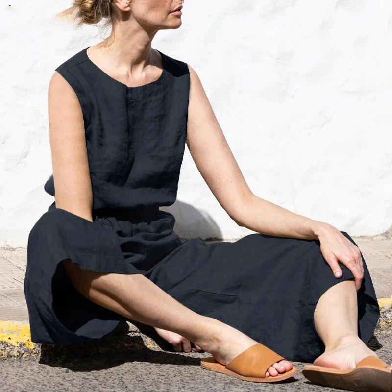 Jumpsuit med hög midja i bomull och linne för kvinnor