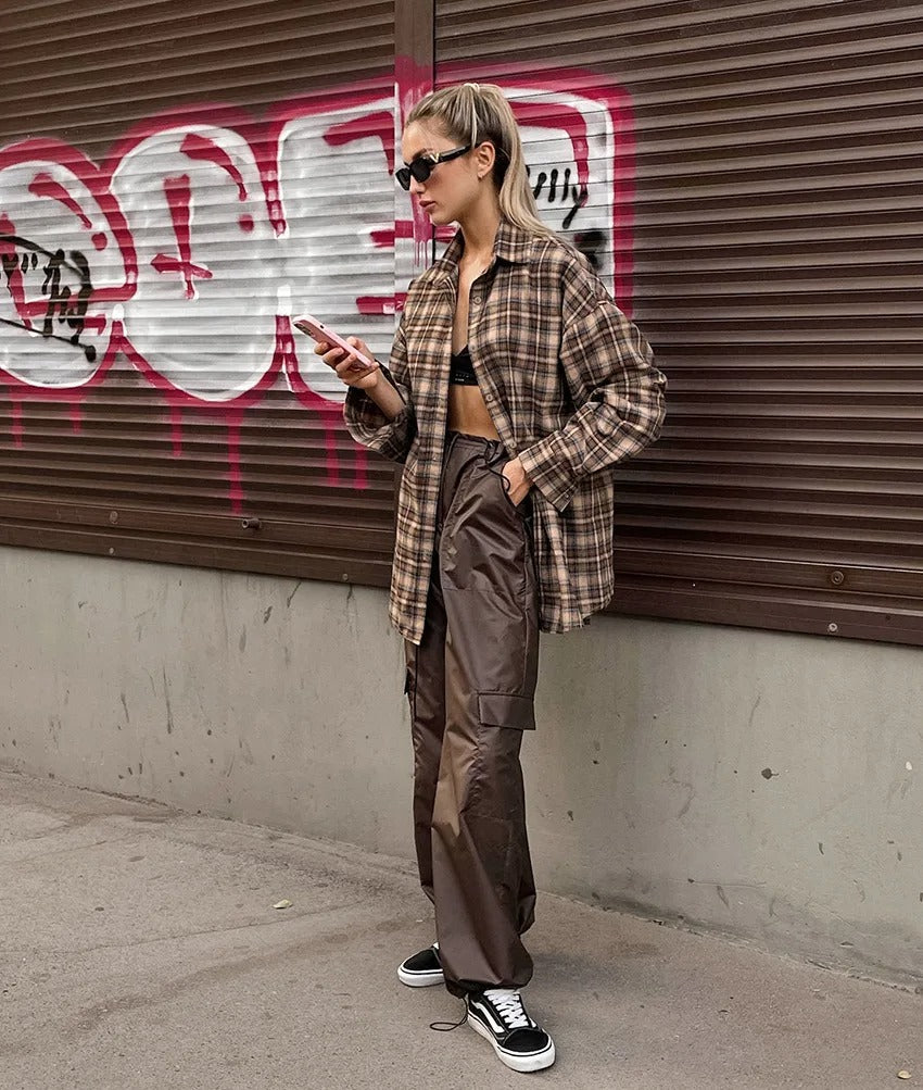 Dam vintage rutig långärmad blus