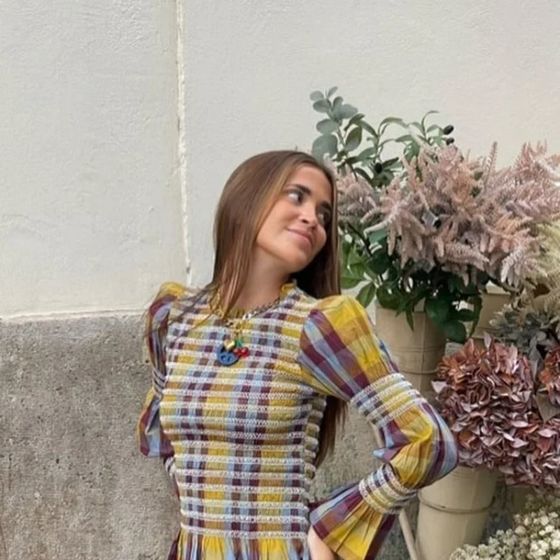 Rutig T-shirt med puffärm för kvinnor