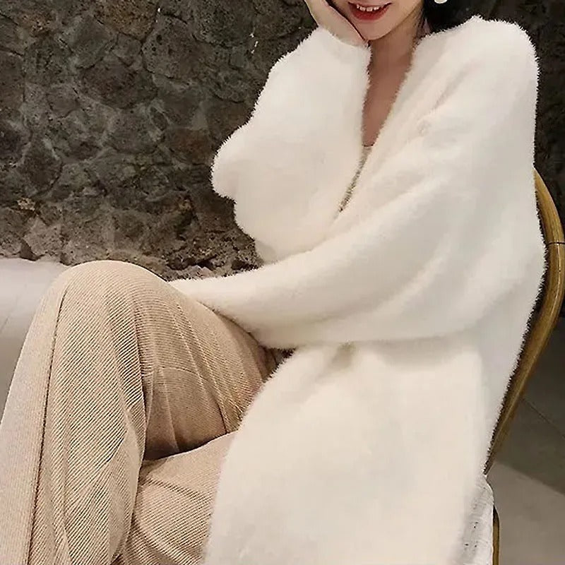 Lång stickad kashmirkardigan för kvinnor