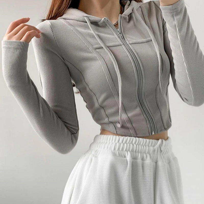 Zip Up Crop Fitted Hoodie för kvinnor
