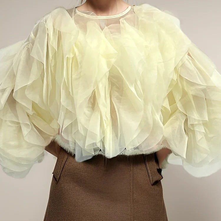O-Neck Ruffle Shirt för kvinnor
