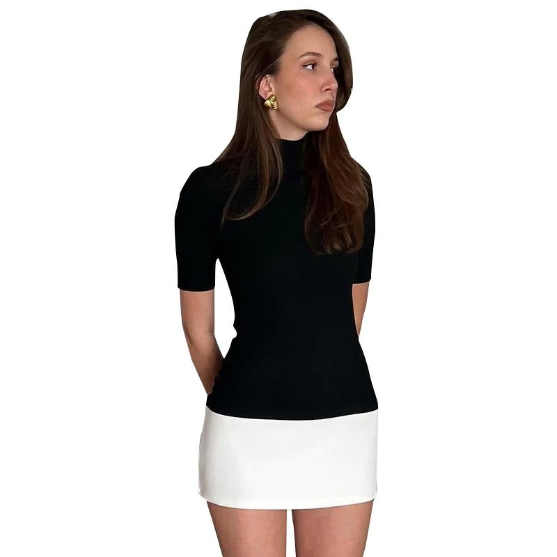 Patchwork-klänning med turtleneck för kvinnor