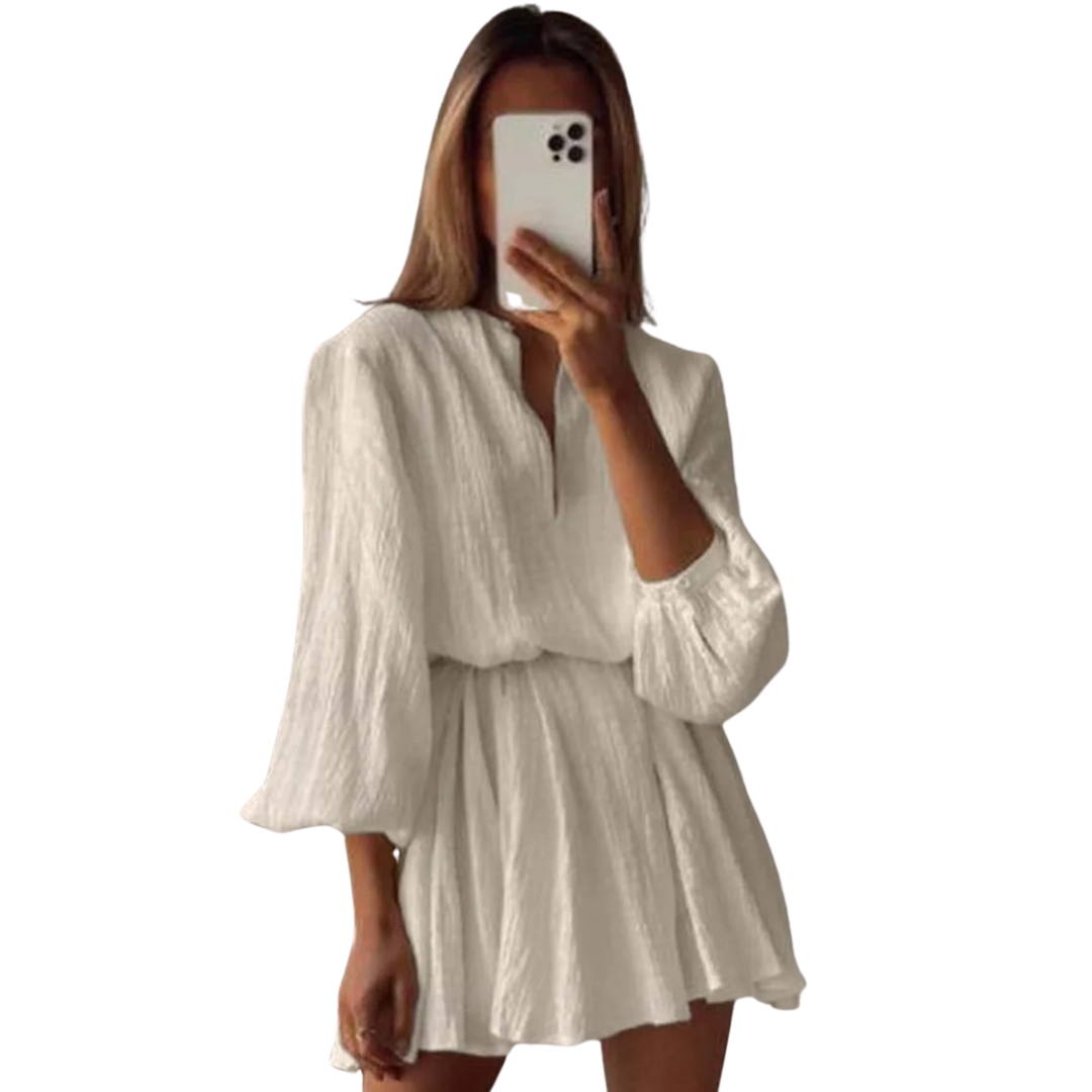 Kort ballongärmad klänning med bälte och knytband för kvinnor