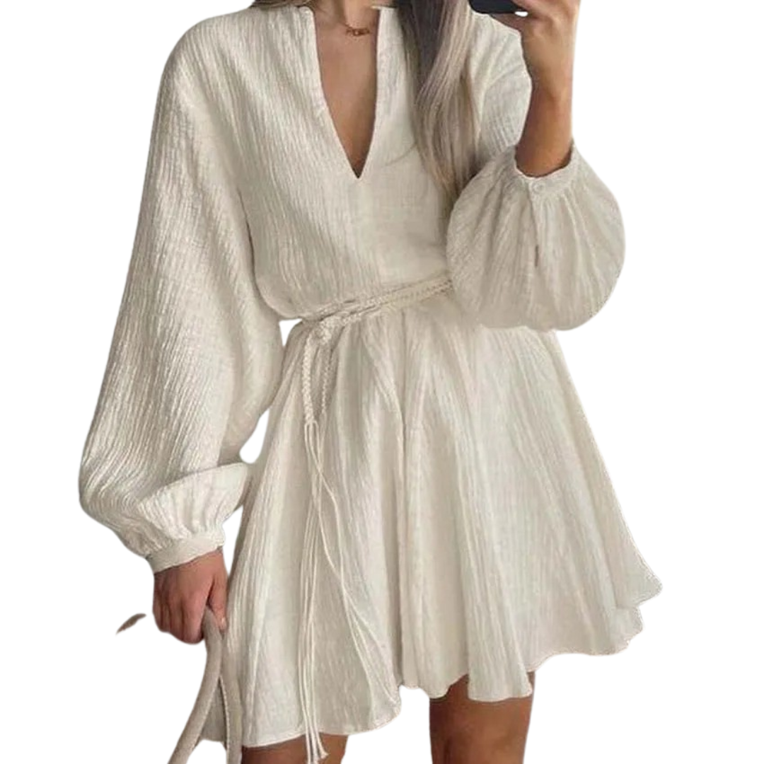 Kort ballongärmad klänning med bälte och knytband för kvinnor