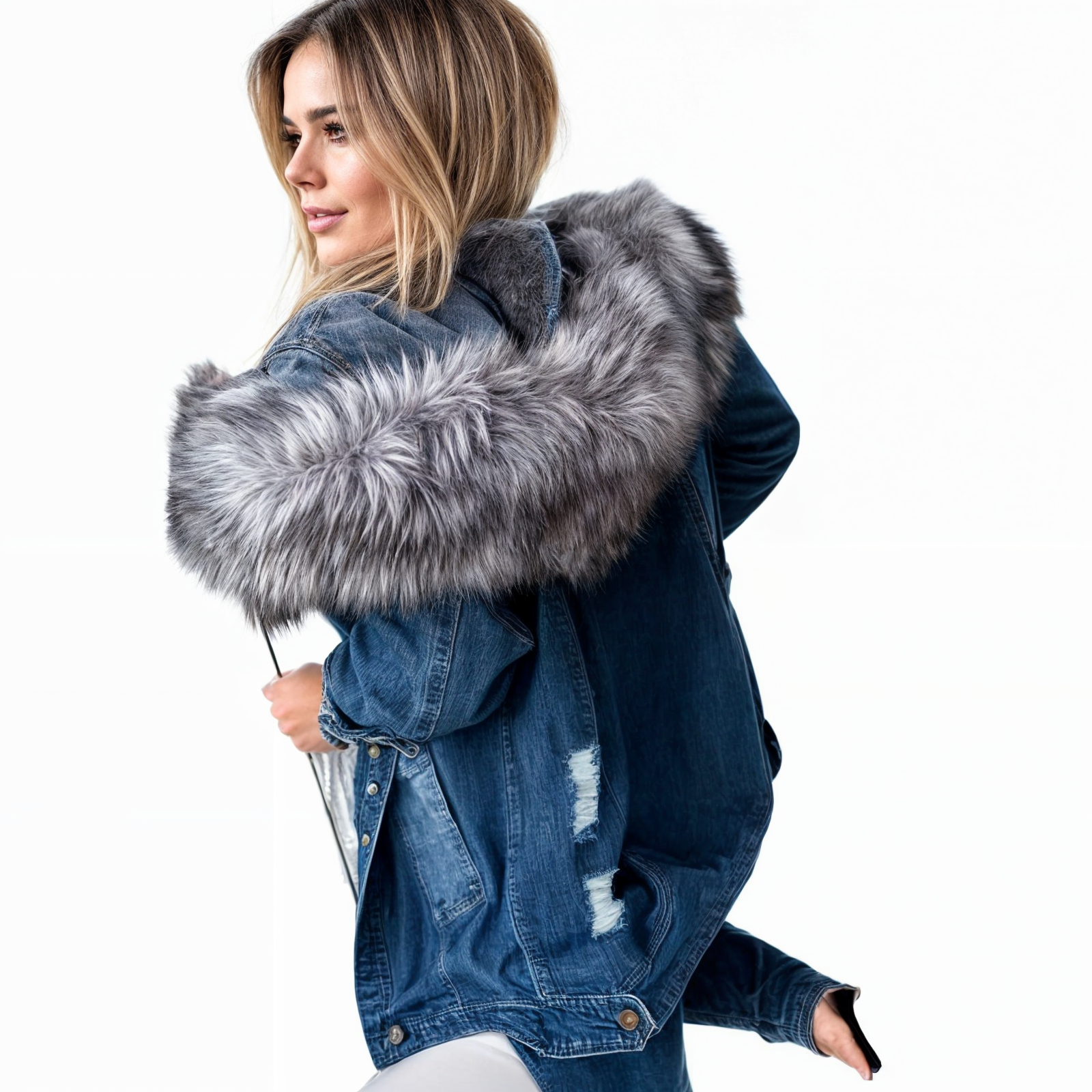 Denimjacka med pälskrage för kvinnor