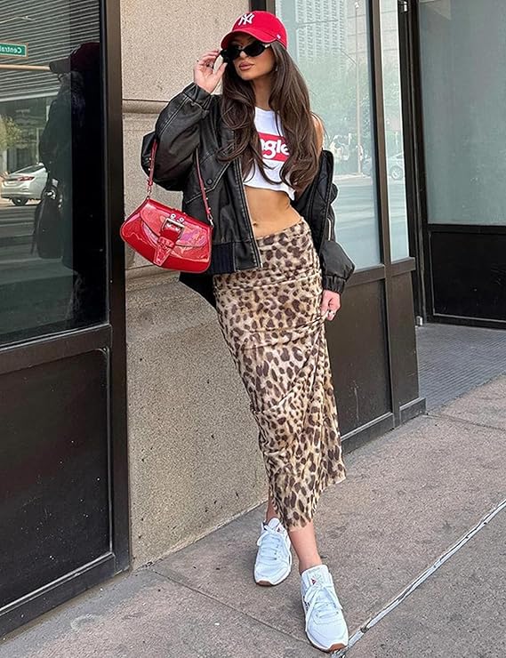 Lång kjol med leopardtryck för kvinnor