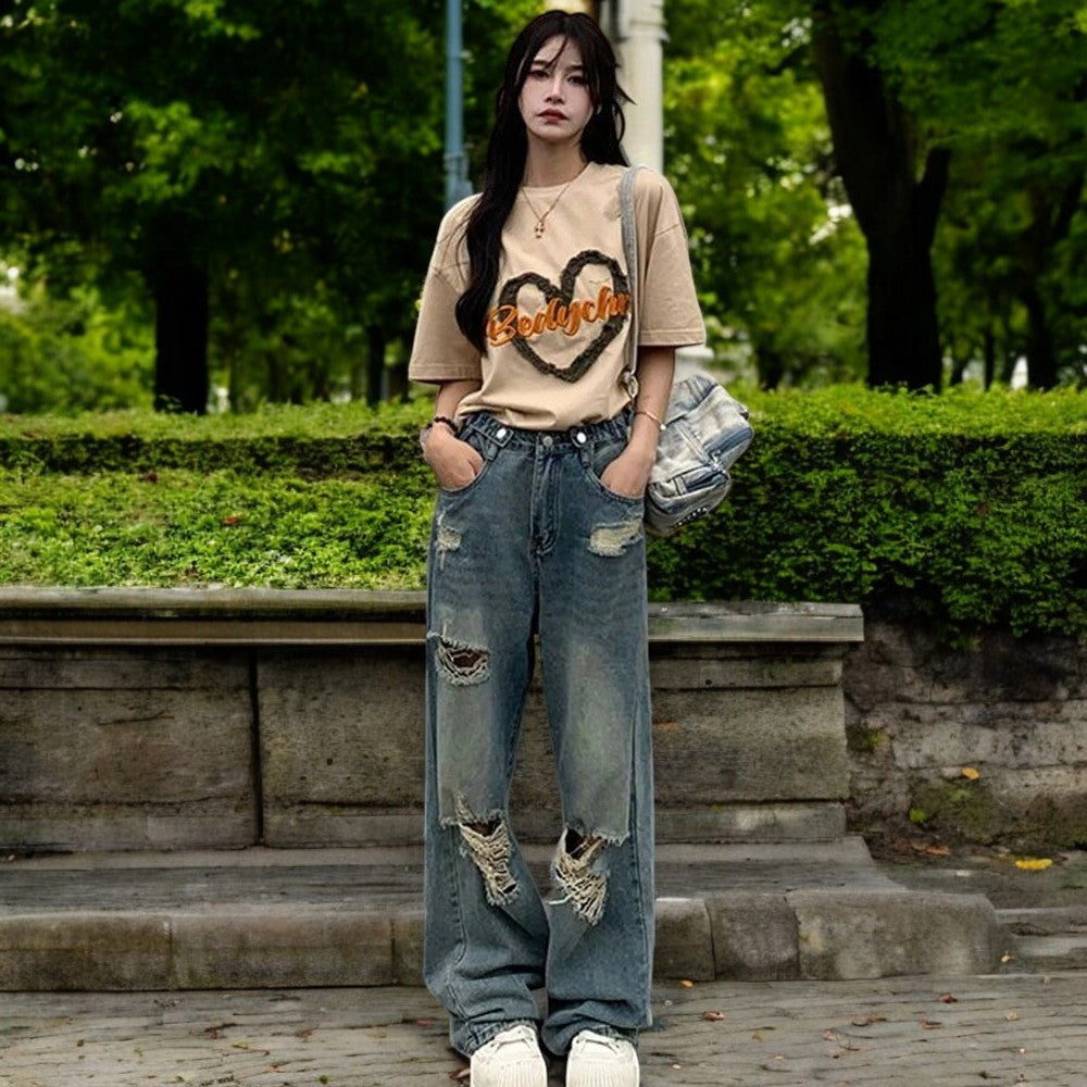 Rippade jeans med hög midja för dam