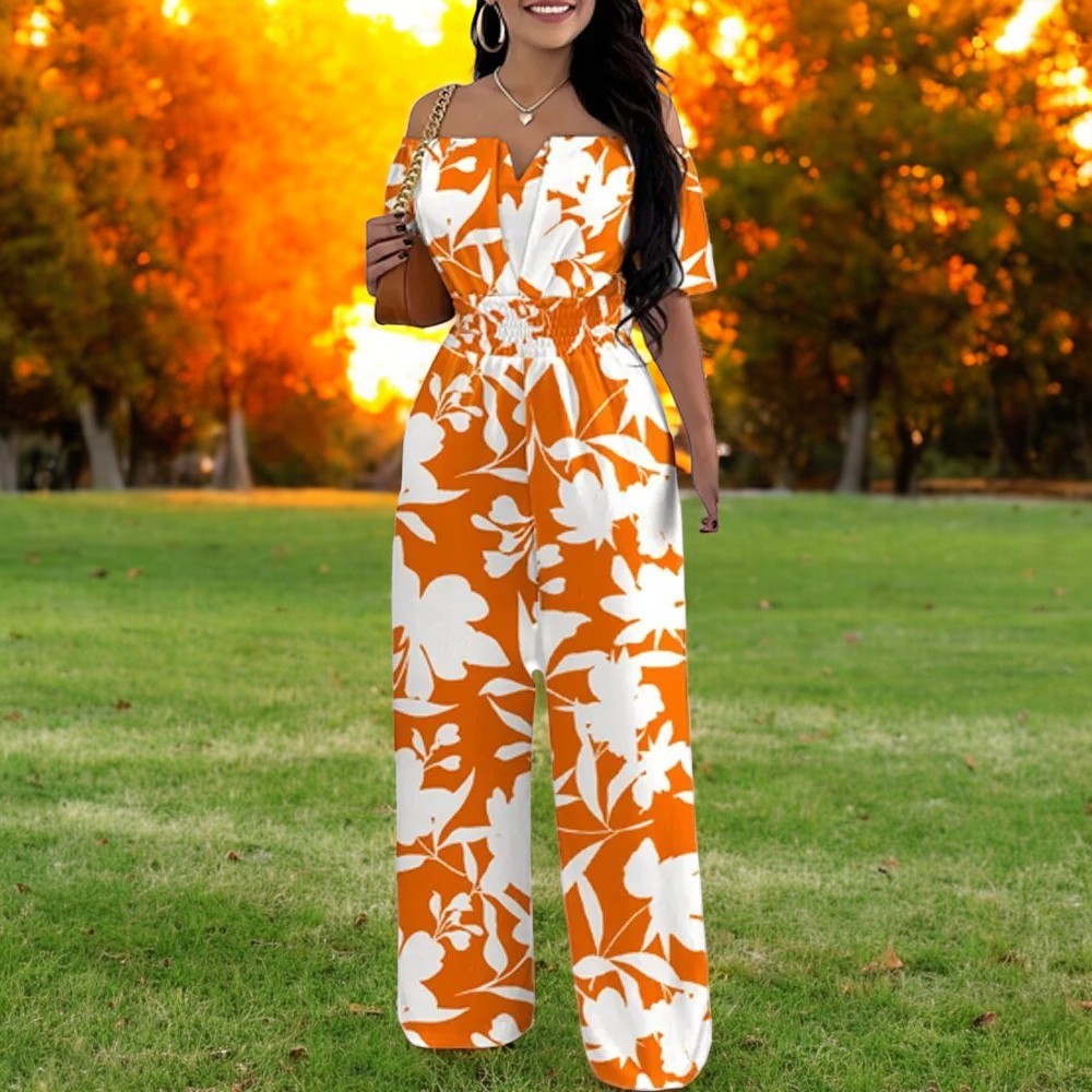 Mode Tryck Off-shoulder Smockad midja Jumpsuit