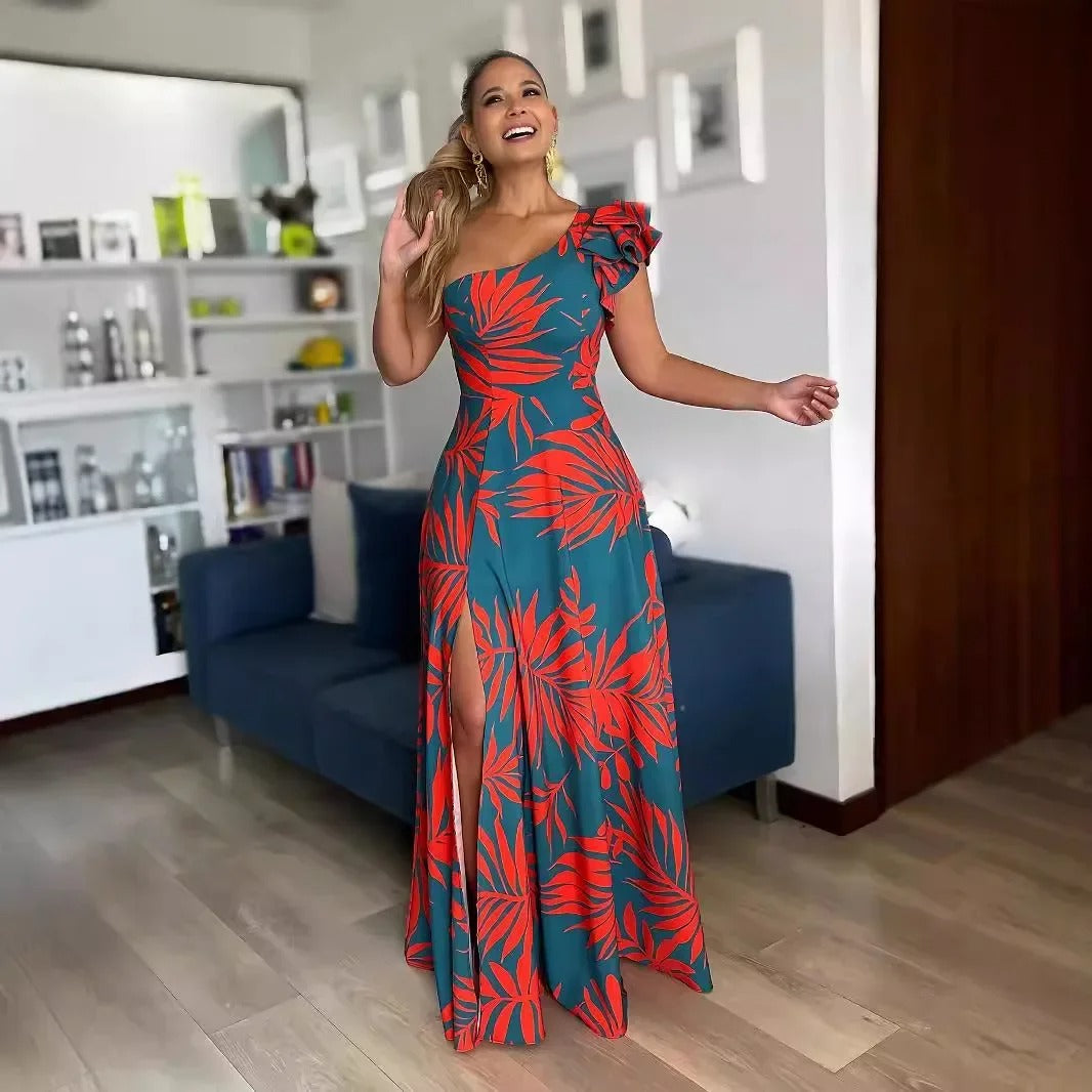 One Shoulder Tropical Print Maxiklänning