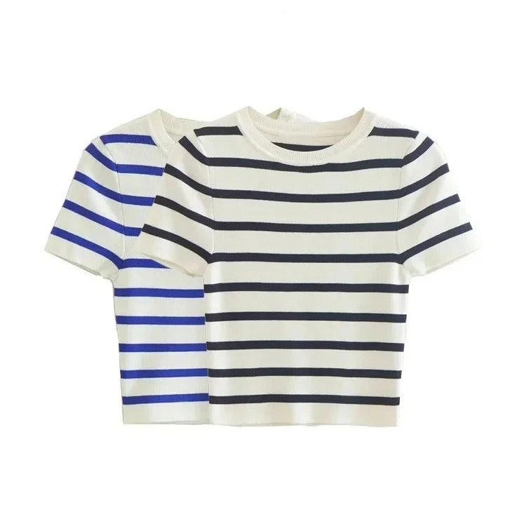 Stickad randig croppad topp för kvinnor