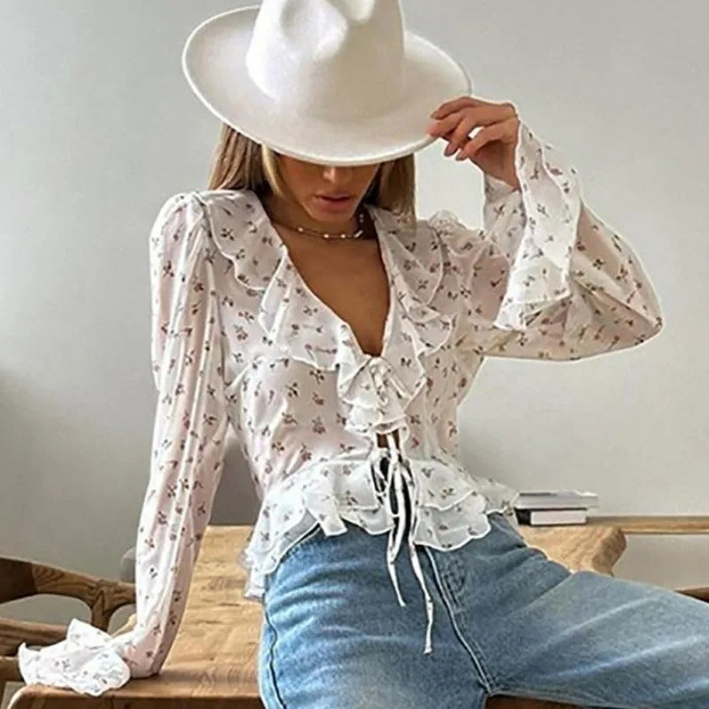 V-ringad chiffongtryckt blus för kvinnor