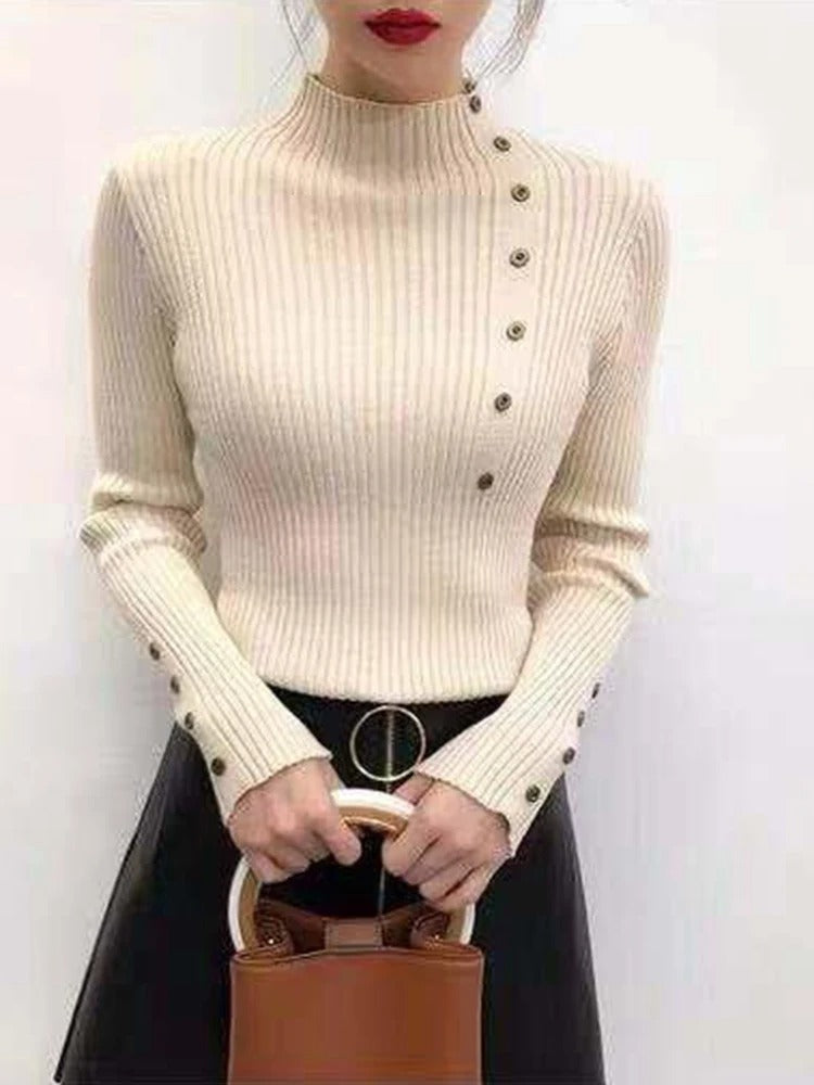 Sköldpaddshalsad pullover med hel ärm för kvinnor